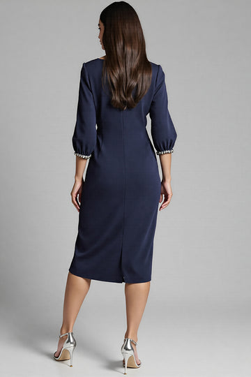 Sheath Navy Beaded V Neck Work Dress
